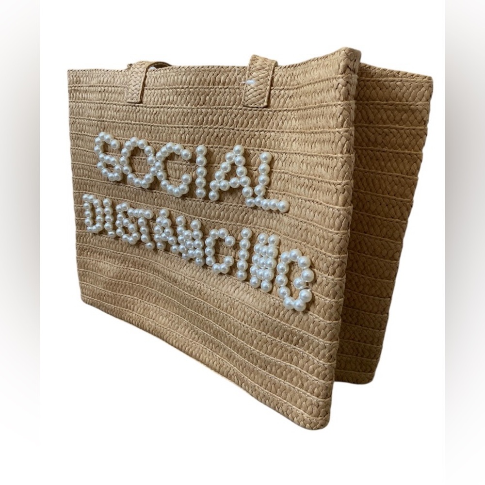 Chic Tan Woven Tote with Pearl Lettering
